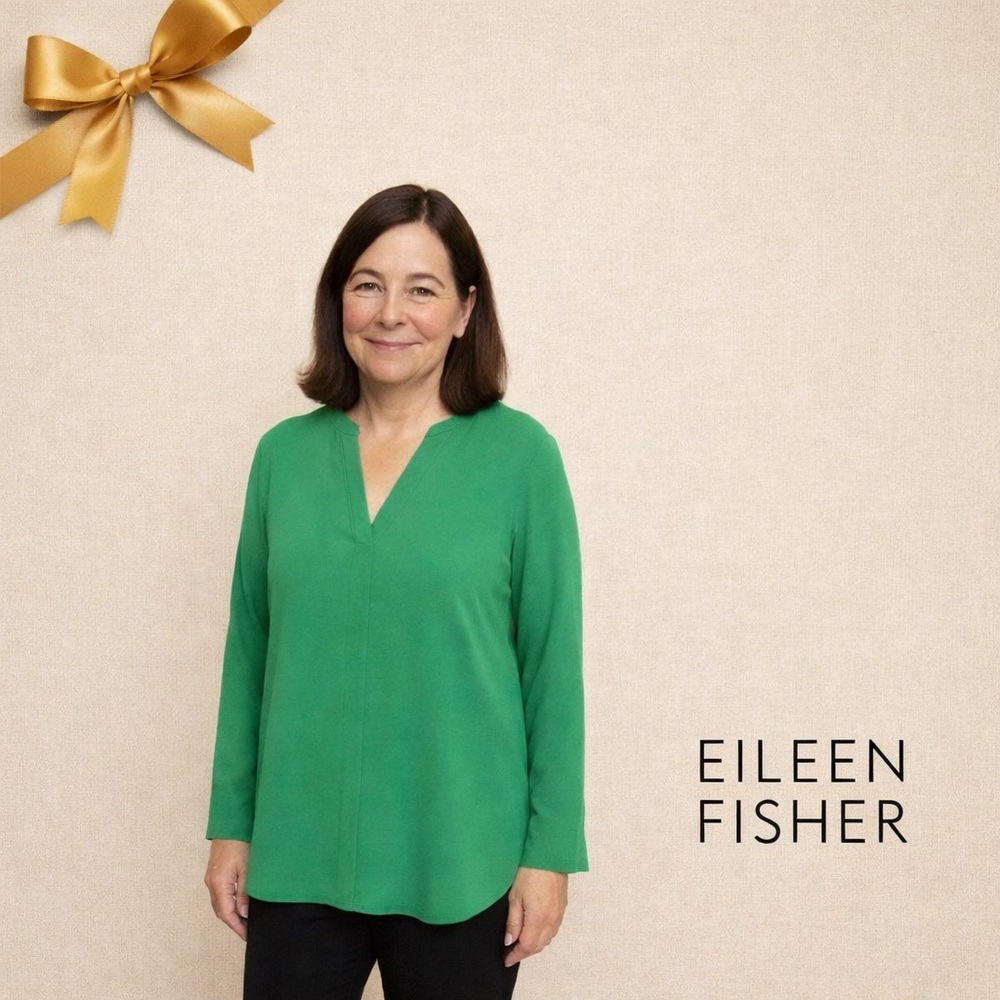 Eileen Fisher Silk Georgette V-Neck Blouse Green L